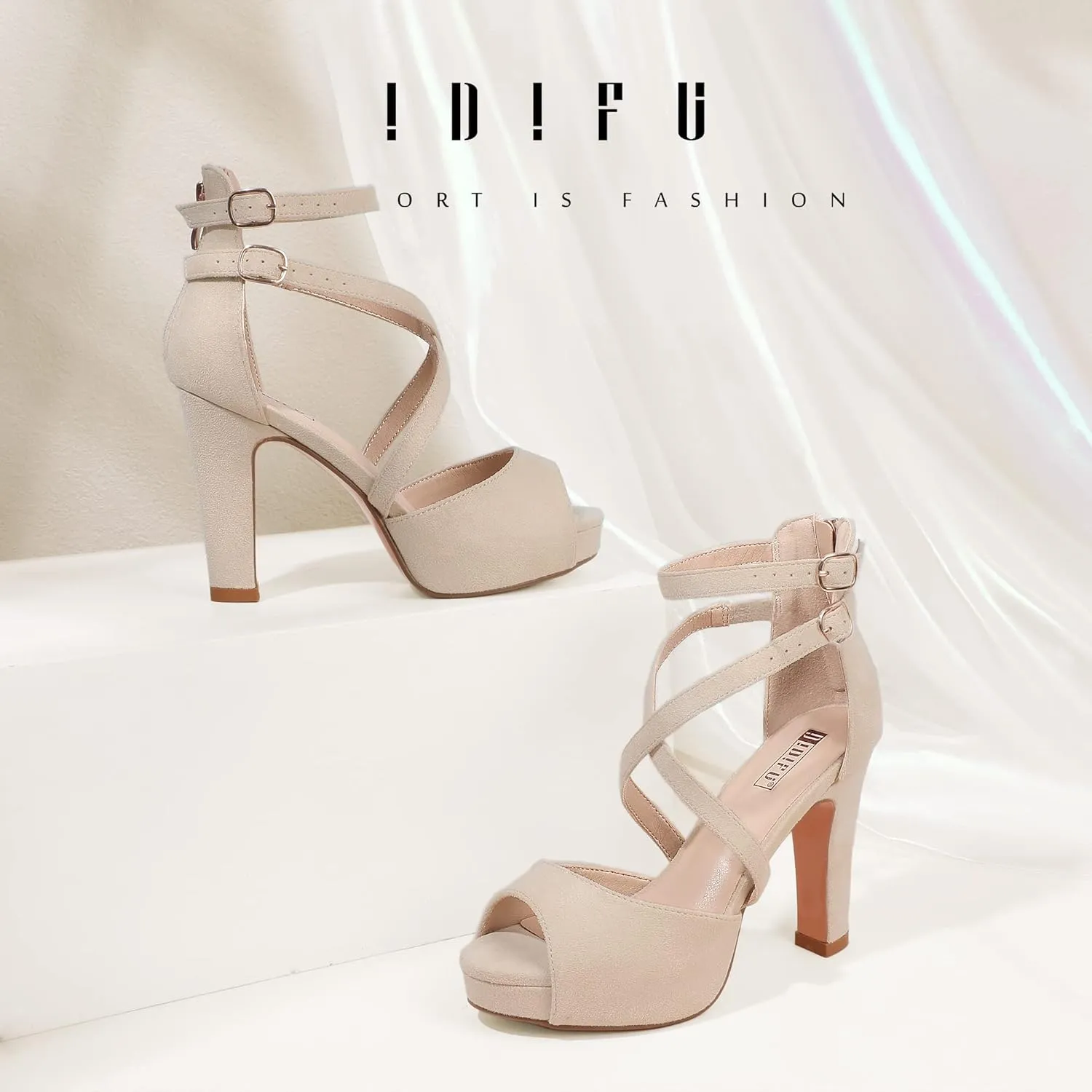 IDIFU Women's IN4 Platform Heels Strappy Chunky Heels For Women Dressy Peep Toe High Heels For Women Bridal Wedding Shoes For Bride On Evening Prom