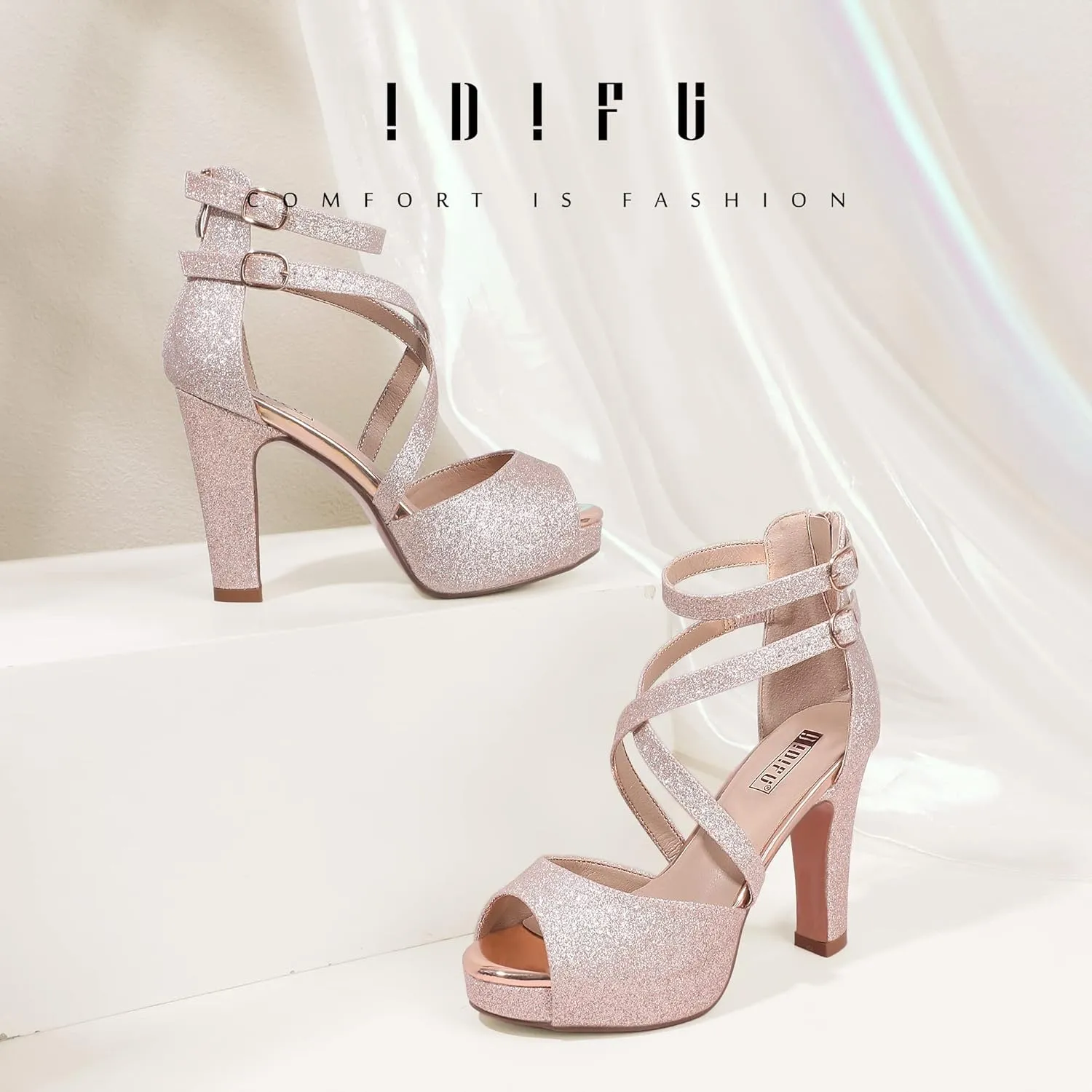 IDIFU Women's IN4 Platform Heels Strappy Chunky Heels For Women Dressy Peep Toe High Heels For Women Bridal Wedding Shoes For Bride On Evening Prom