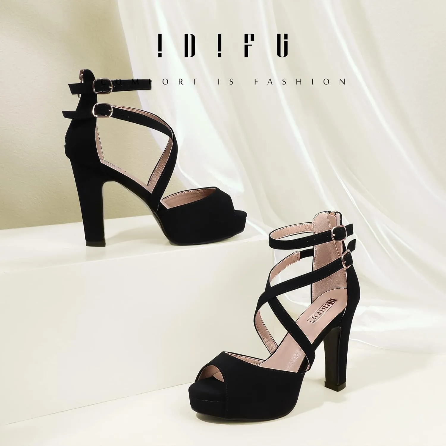 IDIFU Women's IN4 Platform Heels Strappy Chunky Heels For Women Dressy Peep Toe High Heels For Women Bridal Wedding Shoes For Bride On Evening Prom