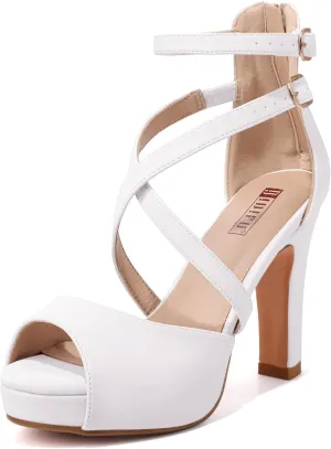IDIFU Women's IN4 Platform Heels Strappy Chunky Heels For Women Dressy Peep Toe High Heels For Women Bridal Wedding Shoes For Bride On Evening Prom