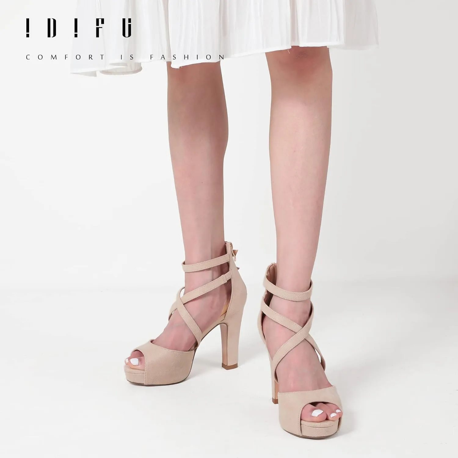IDIFU Women's IN4 Platform Heels Strappy Chunky Heels For Women Dressy Peep Toe High Heels For Women Bridal Wedding Shoes For Bride On Evening Prom
