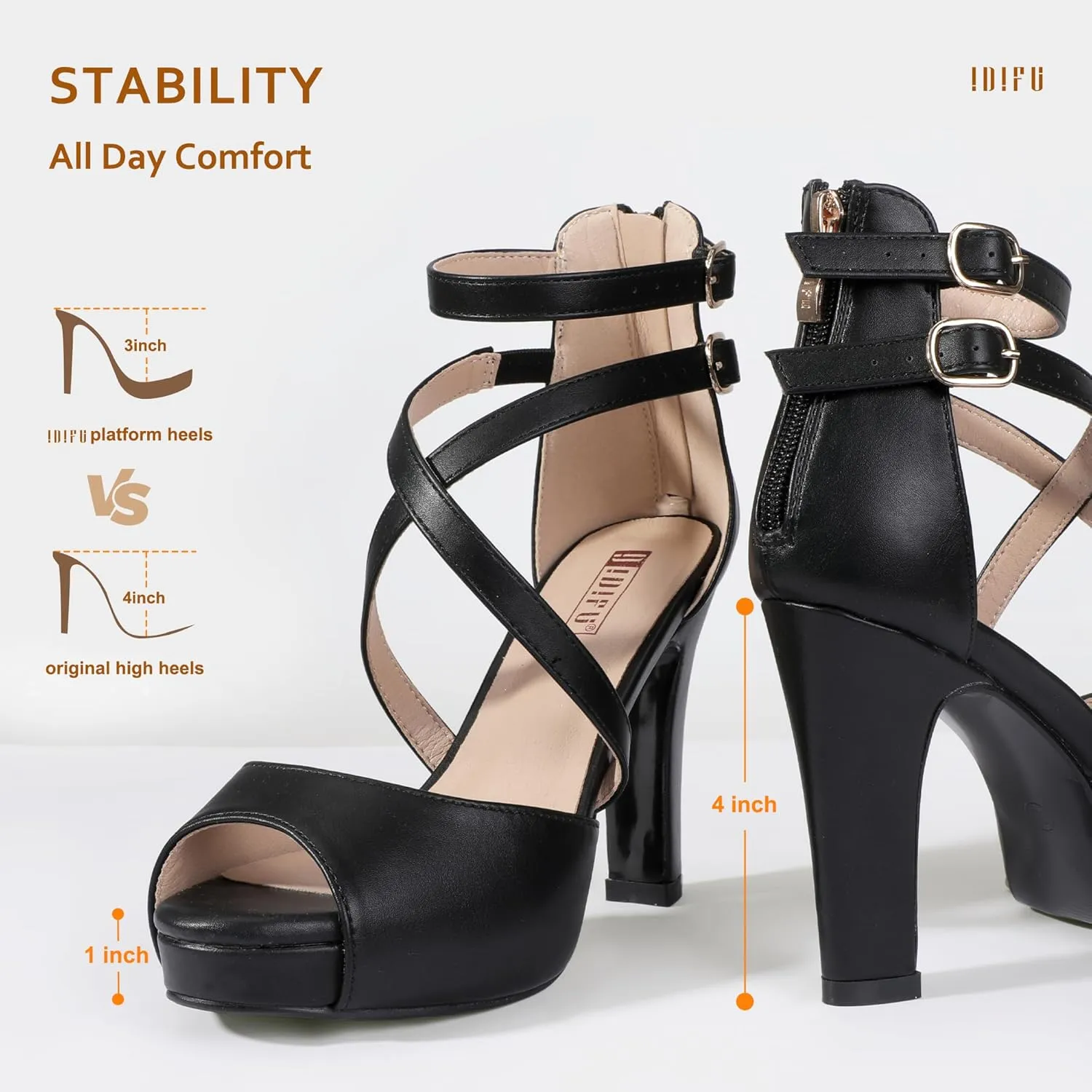 IDIFU Women's IN4 Platform Heels Strappy Chunky Heels For Women Dressy Peep Toe High Heels For Women Bridal Wedding Shoes For Bride On Evening Prom
