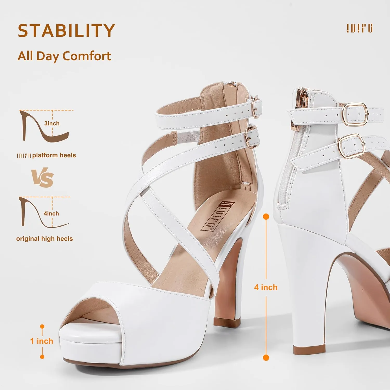 IDIFU Women's IN4 Platform Heels Strappy Chunky Heels For Women Dressy Peep Toe High Heels For Women Bridal Wedding Shoes For Bride On Evening Prom