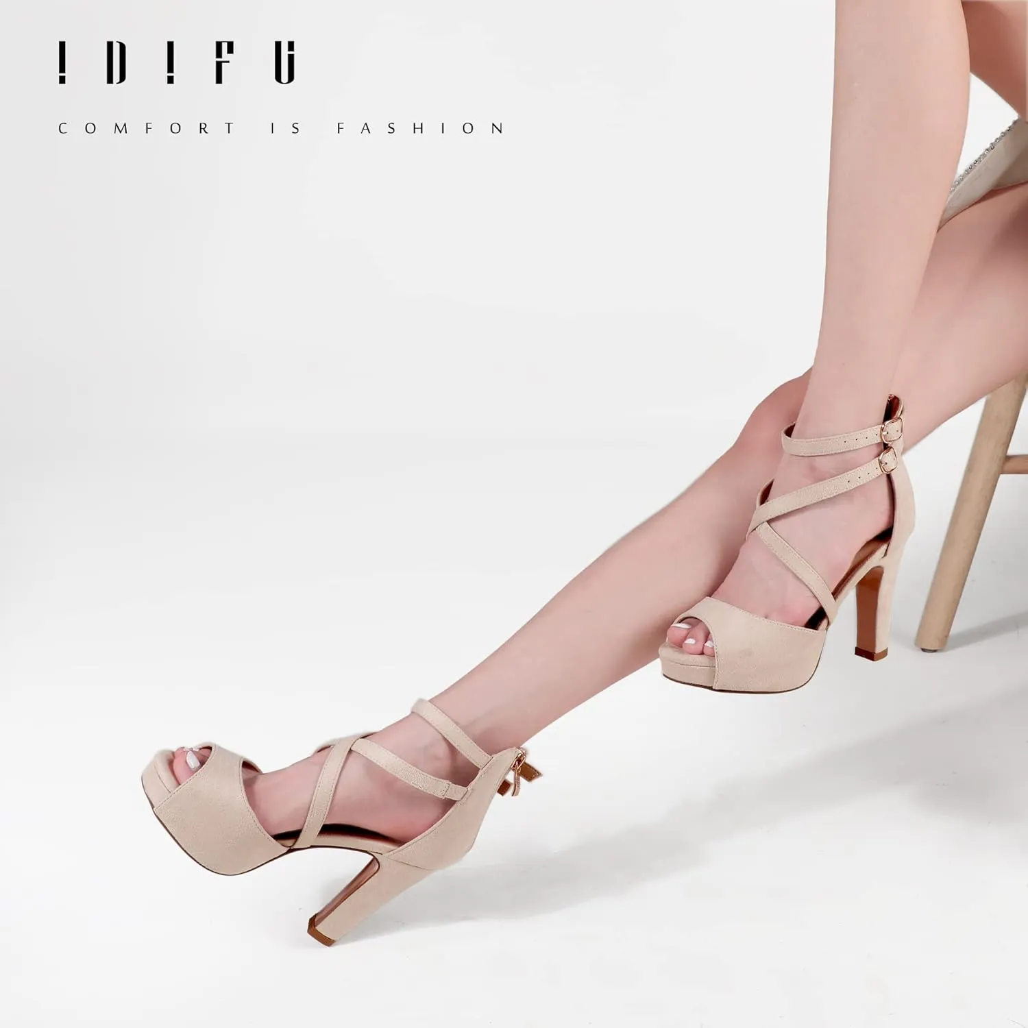 IDIFU Women's IN4 Platform Heels Strappy Chunky Heels For Women Dressy Peep Toe High Heels For Women Bridal Wedding Shoes For Bride On Evening Prom