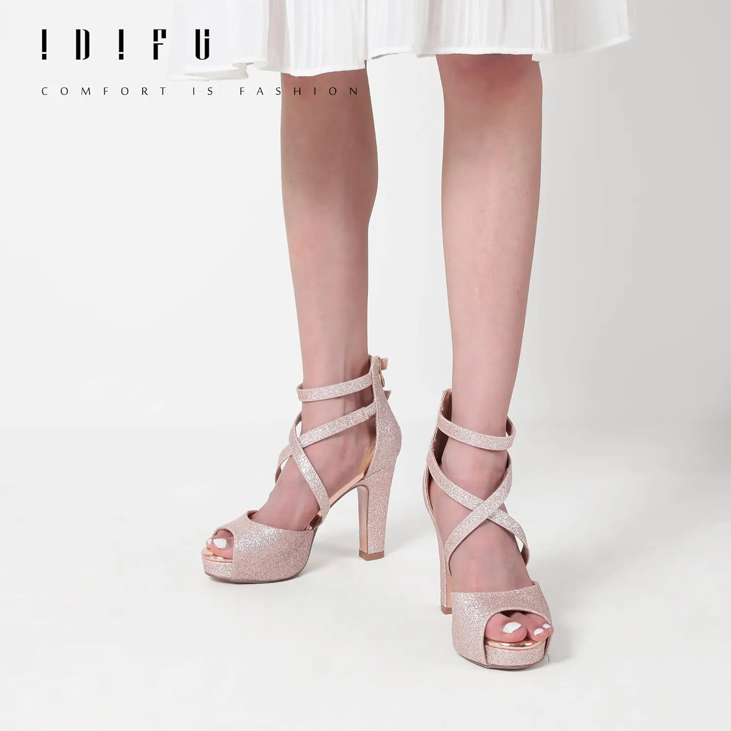 IDIFU Women's IN4 Platform Heels Strappy Chunky Heels For Women Dressy Peep Toe High Heels For Women Bridal Wedding Shoes For Bride On Evening Prom