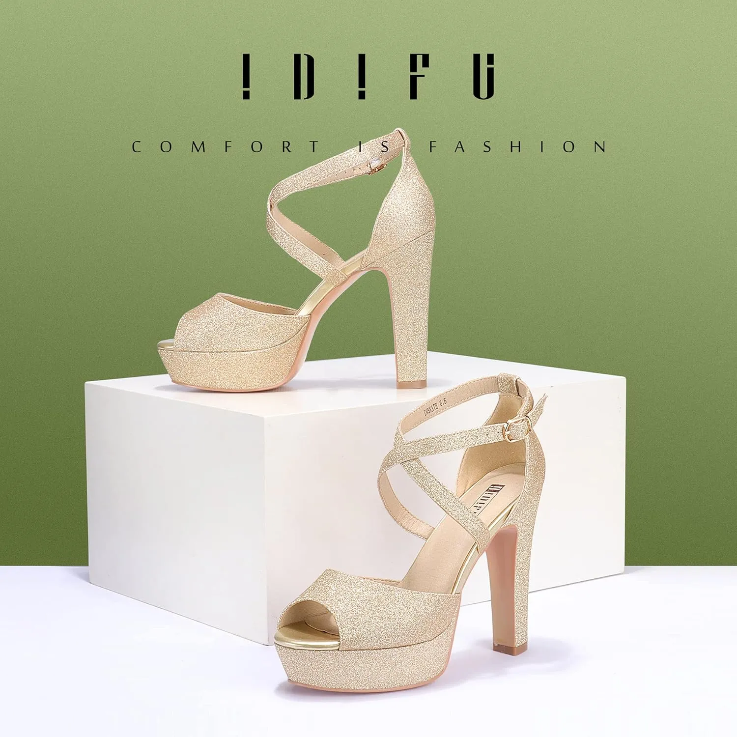 IDIFU Women's Platform Chunky High Heels Dress Sandals Peep Toe Ankle Strap Wedding Party Evening Shoes for Women Bride