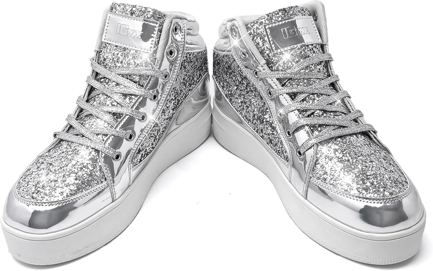 IGxx Womens Platform Glitter Shoes Black High Top Sparkly Sneakers Shiny Fashion Bling Dressy Sequin Metallic Sneakers Disco Wedding Shoes