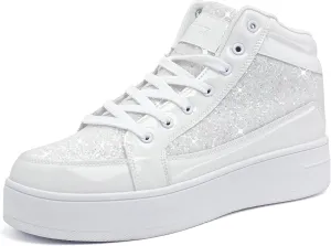 IGxx Womens Platform Glitter Shoes Black High Top Sparkly Sneakers Shiny Fashion Bling Dressy Sequin Metallic Sneakers Disco Wedding Shoes