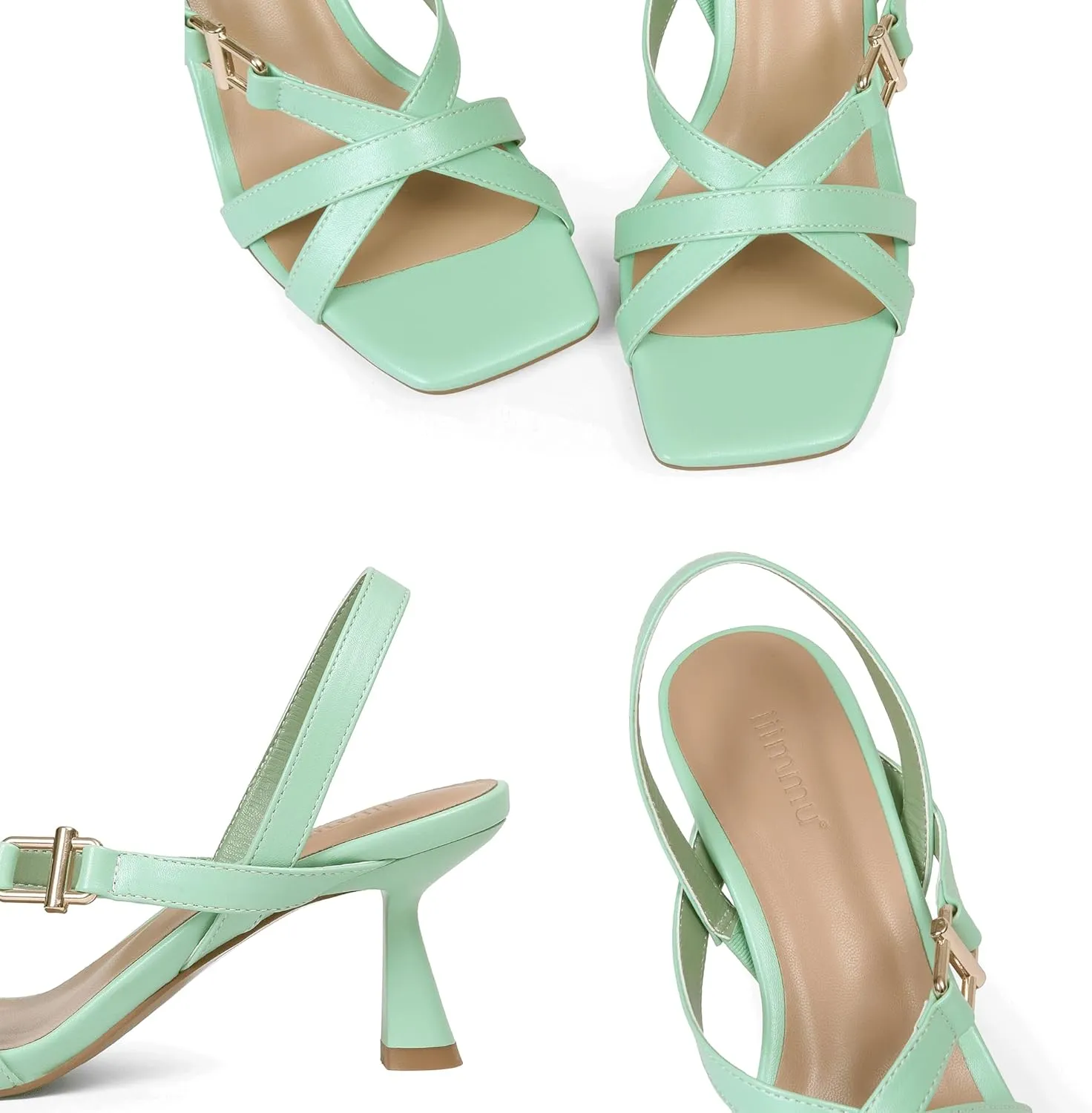 iiimmu Women's Square Open Toe Strappy Sandals With 2.5 IN Kitten Heels, Cute and Elegant Summer Low Heels, PU Leather