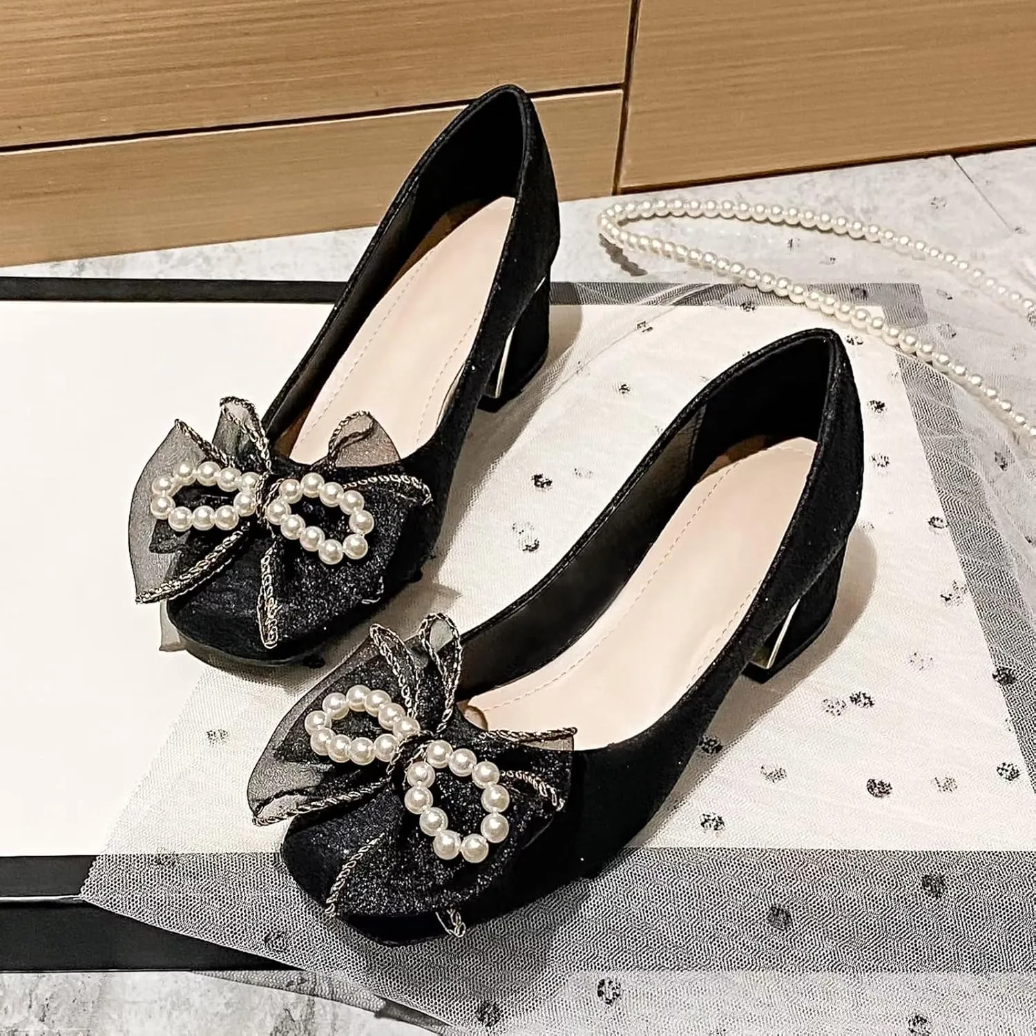 INEELUYI Women's Sweety Elegant Lace Bowtie Wedding Dress Pumps Mid Block Chunky Heeled Slip on Comfortable Walking Pump Shoes