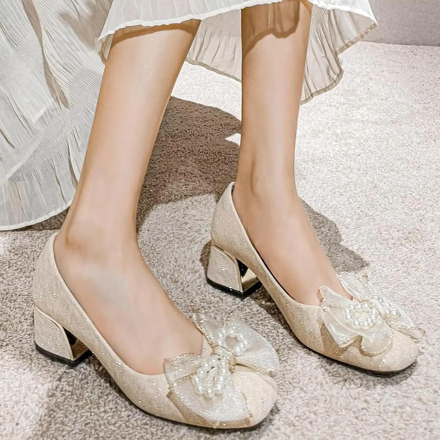 INEELUYI Women's Sweety Elegant Lace Bowtie Wedding Dress Pumps Mid Block Chunky Heeled Slip on Comfortable Walking Pump Shoes