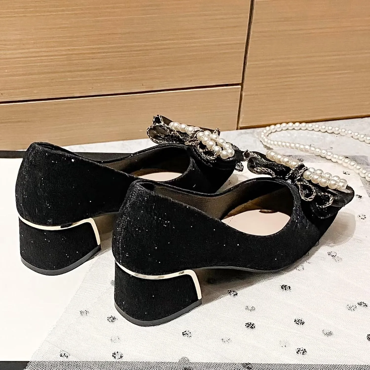 INEELUYI Women's Sweety Elegant Lace Bowtie Wedding Dress Pumps Mid Block Chunky Heeled Slip on Comfortable Walking Pump Shoes