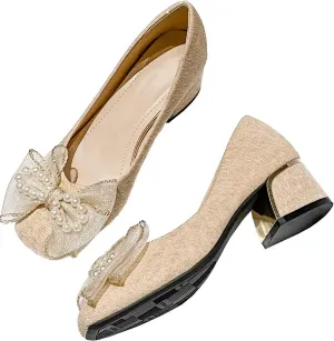 INEELUYI Women's Sweety Elegant Lace Bowtie Wedding Dress Pumps Mid Block Chunky Heeled Slip on Comfortable Walking Pump Shoes