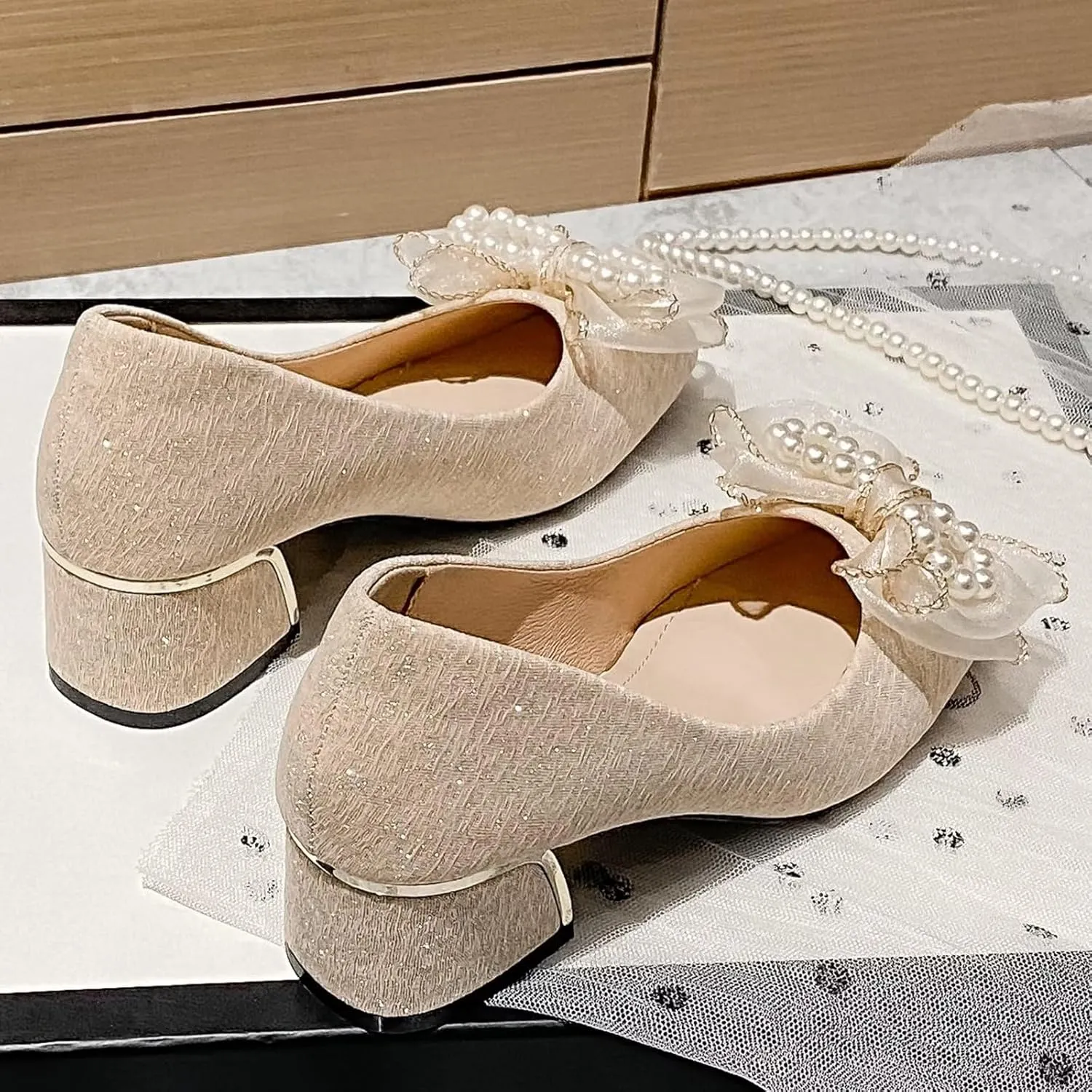 INEELUYI Women's Sweety Elegant Lace Bowtie Wedding Dress Pumps Mid Block Chunky Heeled Slip on Comfortable Walking Pump Shoes