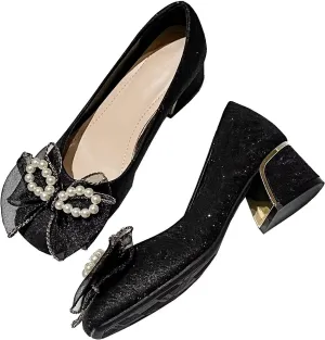 INEELUYI Women's Sweety Elegant Lace Bowtie Wedding Dress Pumps Mid Block Chunky Heeled Slip on Comfortable Walking Pump Shoes