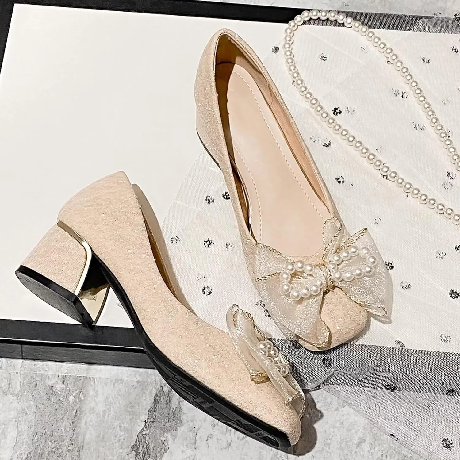 INEELUYI Women's Sweety Elegant Lace Bowtie Wedding Dress Pumps Mid Block Chunky Heeled Slip on Comfortable Walking Pump Shoes