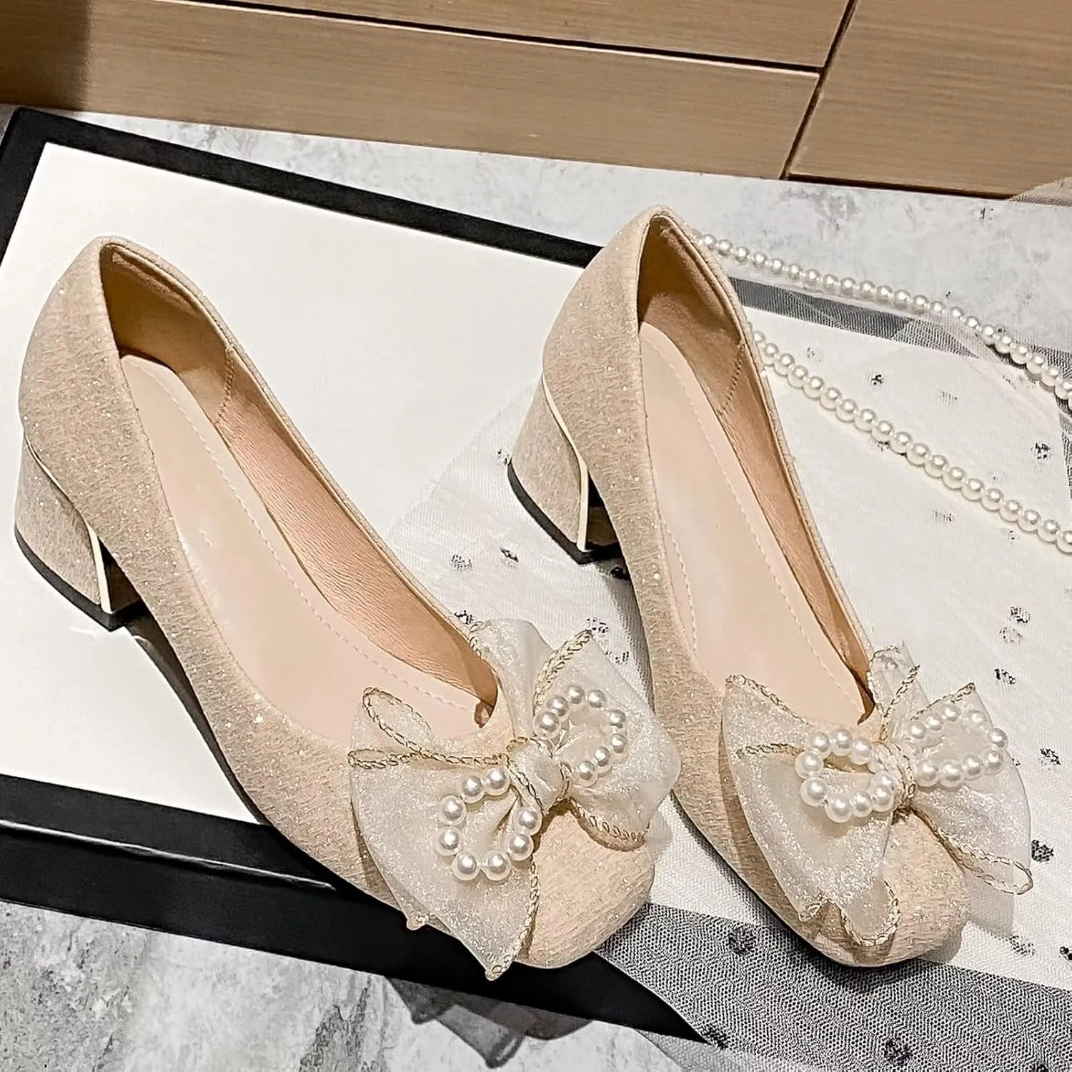 INEELUYI Women's Sweety Elegant Lace Bowtie Wedding Dress Pumps Mid Block Chunky Heeled Slip on Comfortable Walking Pump Shoes