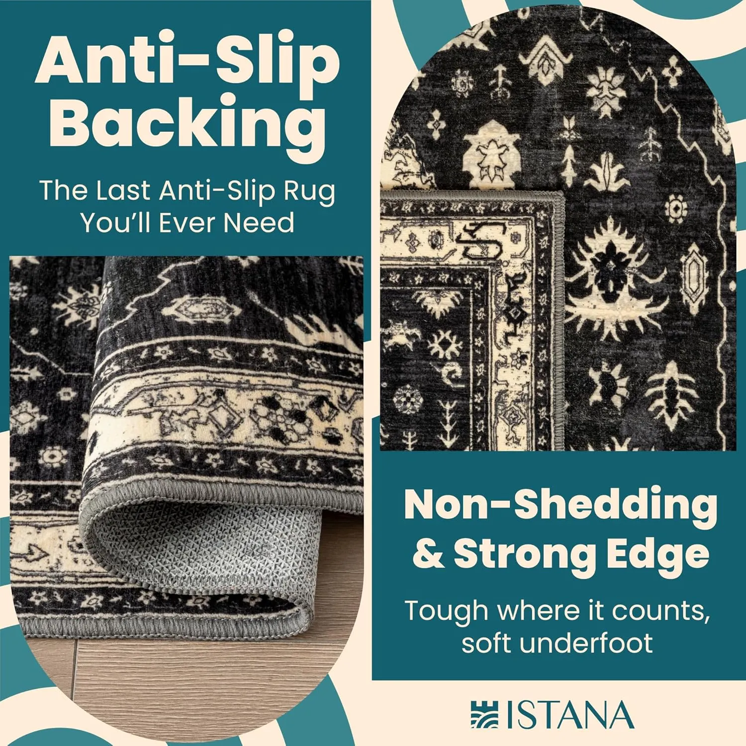 Istana 2x3 Area Rug - Black Boho Rugs for Living Room 2x3 - Foldable Small Rugs for Bedroom - Stain Resistant Washable Rug Non Slip - Eco-Friendly Area Rugs Indoor