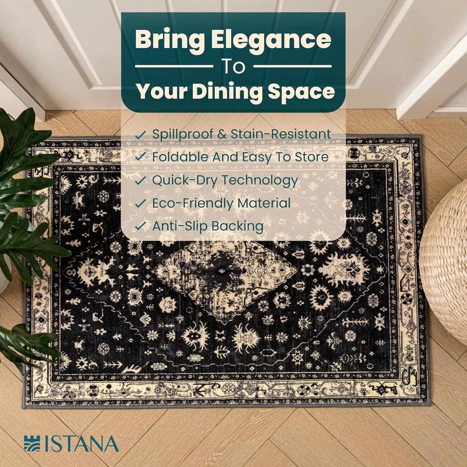 Istana 2x3 Area Rug - Black Boho Rugs for Living Room 2x3 - Foldable Small Rugs for Bedroom - Stain Resistant Washable Rug Non Slip - Eco-Friendly Area Rugs Indoor