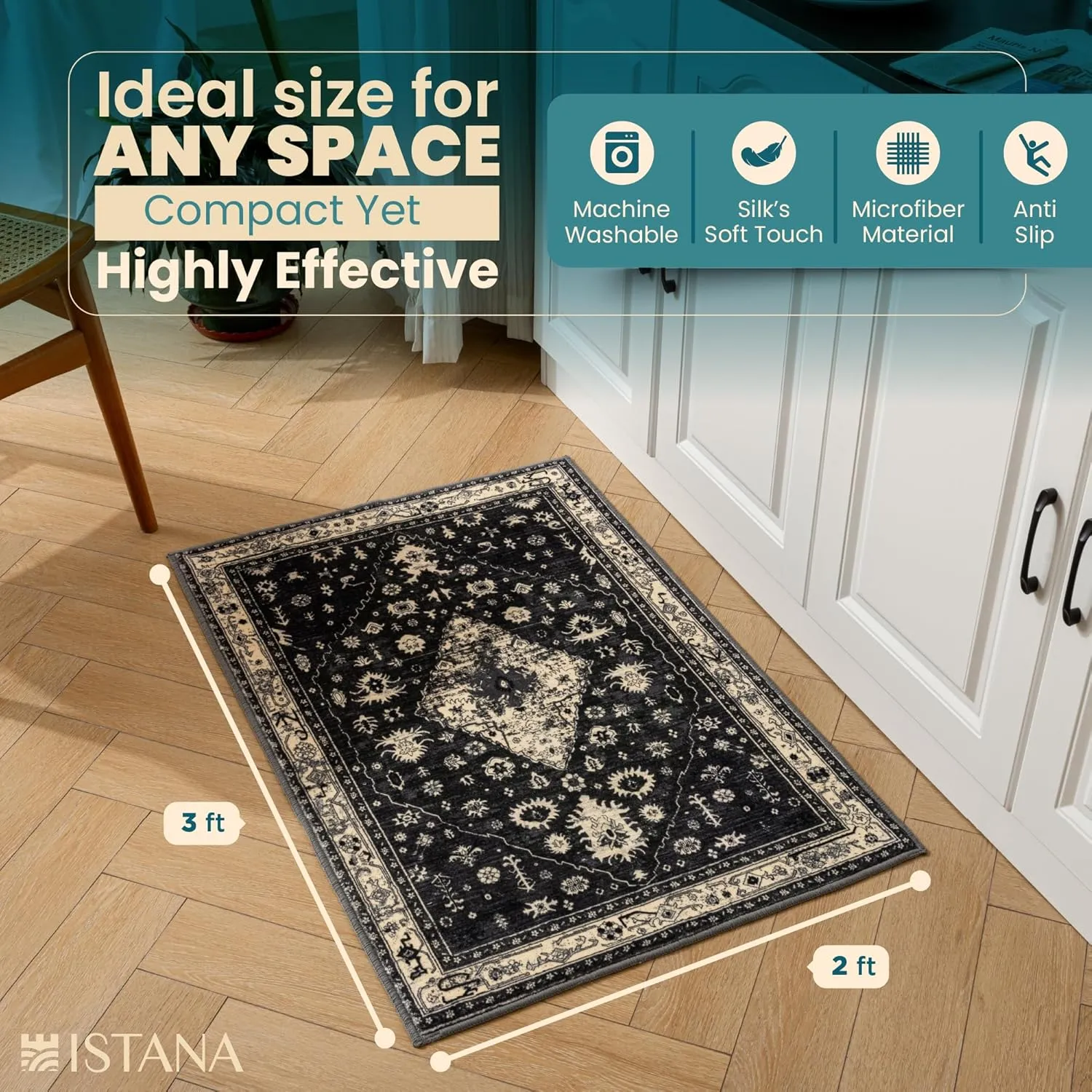 Istana 2x3 Area Rug - Black Boho Rugs for Living Room 2x3 - Foldable Small Rugs for Bedroom - Stain Resistant Washable Rug Non Slip - Eco-Friendly Area Rugs Indoor