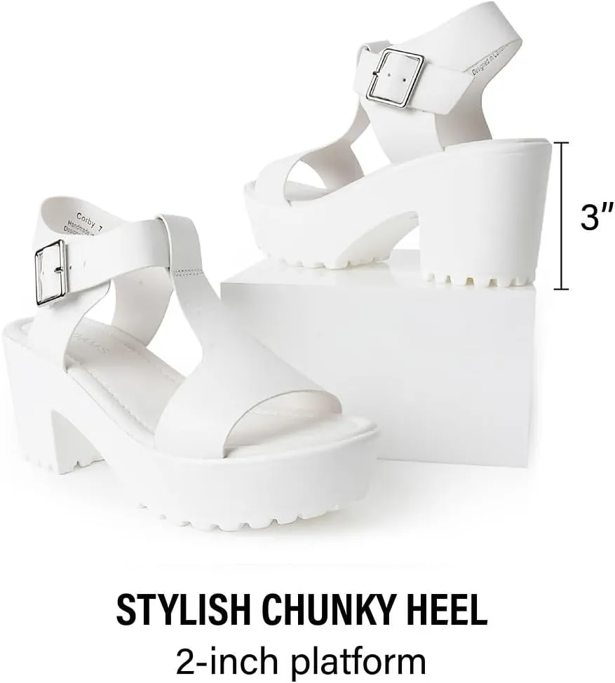 J. Adams Corby Platform Sandals Heeled Sandals for Womens - T-Strap Chunky Mid Heel Sandal Wedges for Women - Women's Footwear Platform Shoes - Summer Shoes for Women