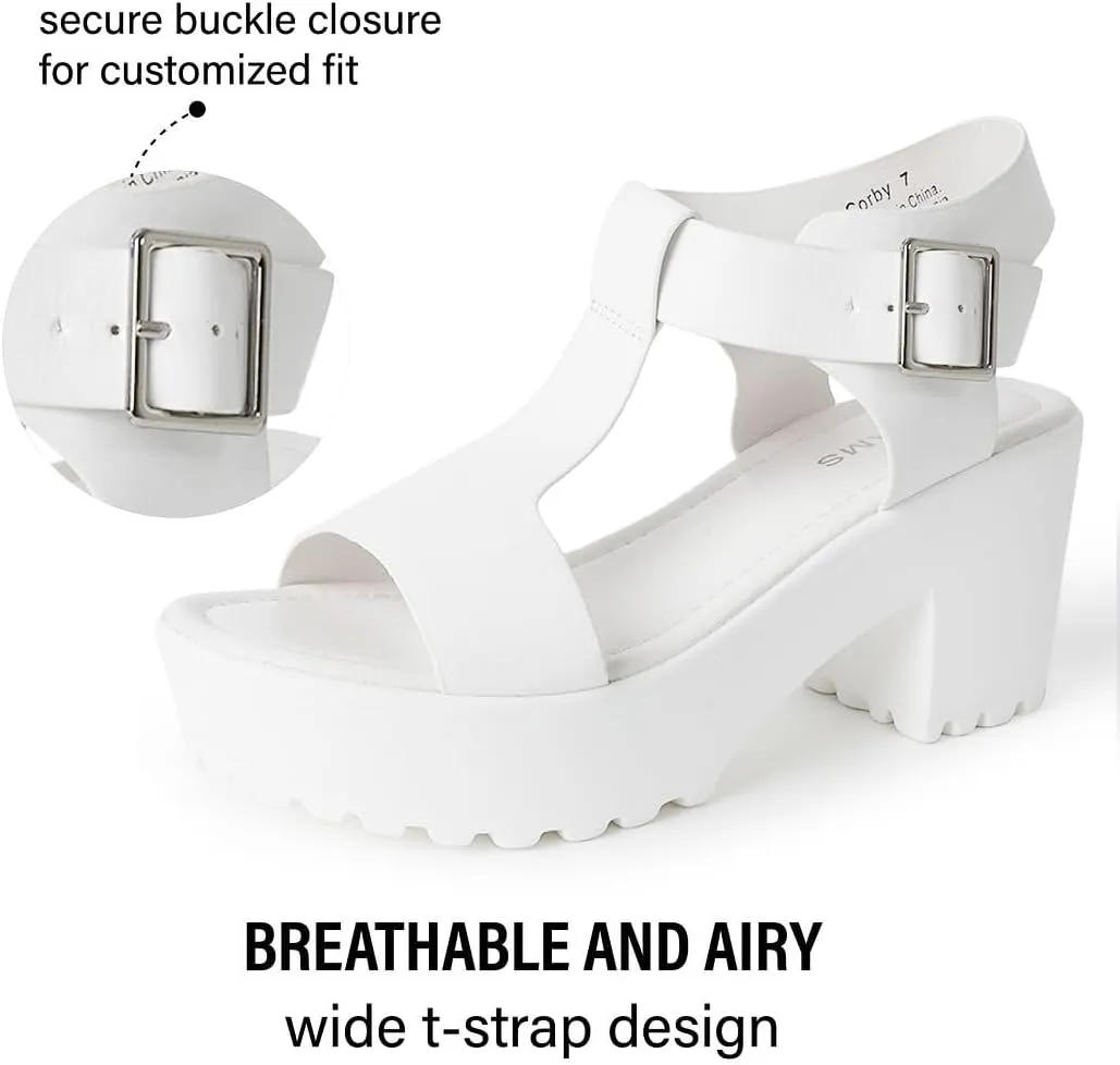 J. Adams Corby Platform Sandals Heeled Sandals for Womens - T-Strap Chunky Mid Heel Sandal Wedges for Women - Women's Footwear Platform Shoes - Summer Shoes for Women