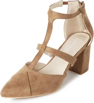 J. Adams Michelle Women's Chunky Block Heel Pointed Toe T-Strap Dress Shoes - Elegant Suede Pumps for Office & Party