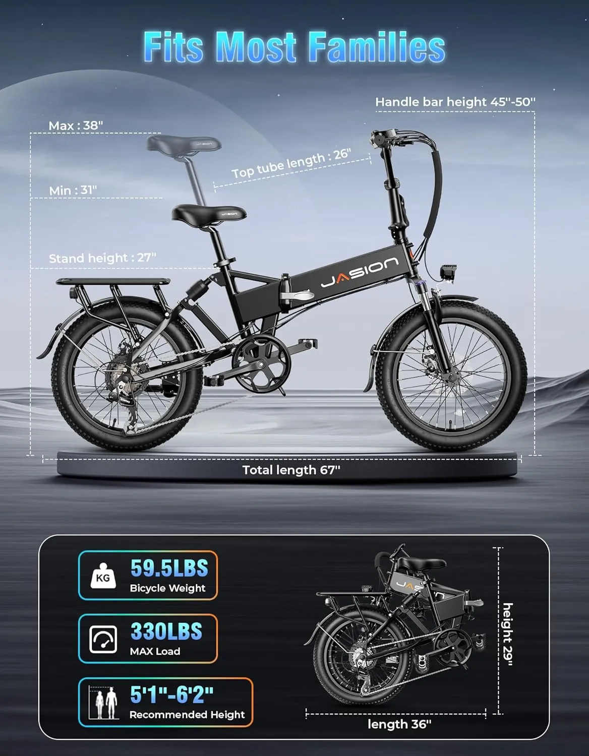 Jasion EB7 2.0 Electric Bike for Adults, 1200W Peak Motor 28MPH Max Speed Folding Ebike, 48V 10AH Removable Battery, 20" Fat Tire with Dual Suspension, 7-Speed Electric Bicycles, UL Certifiled