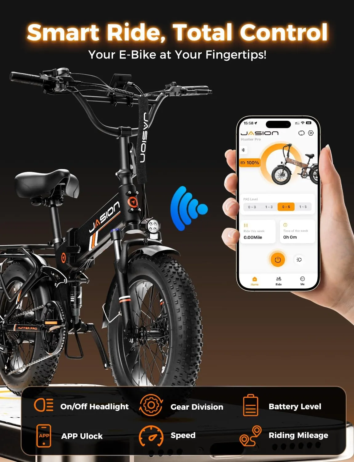Jasion Hunter Pro Electric Bike for Adults,1800W Peak Motor 80 Miles,up to 28MPH,720WH Removable Battery Foldable Ebike,App Control & Full Suspension,20''*4.0 Fat Tire,Dual Hydraulic Brakes Bicycle