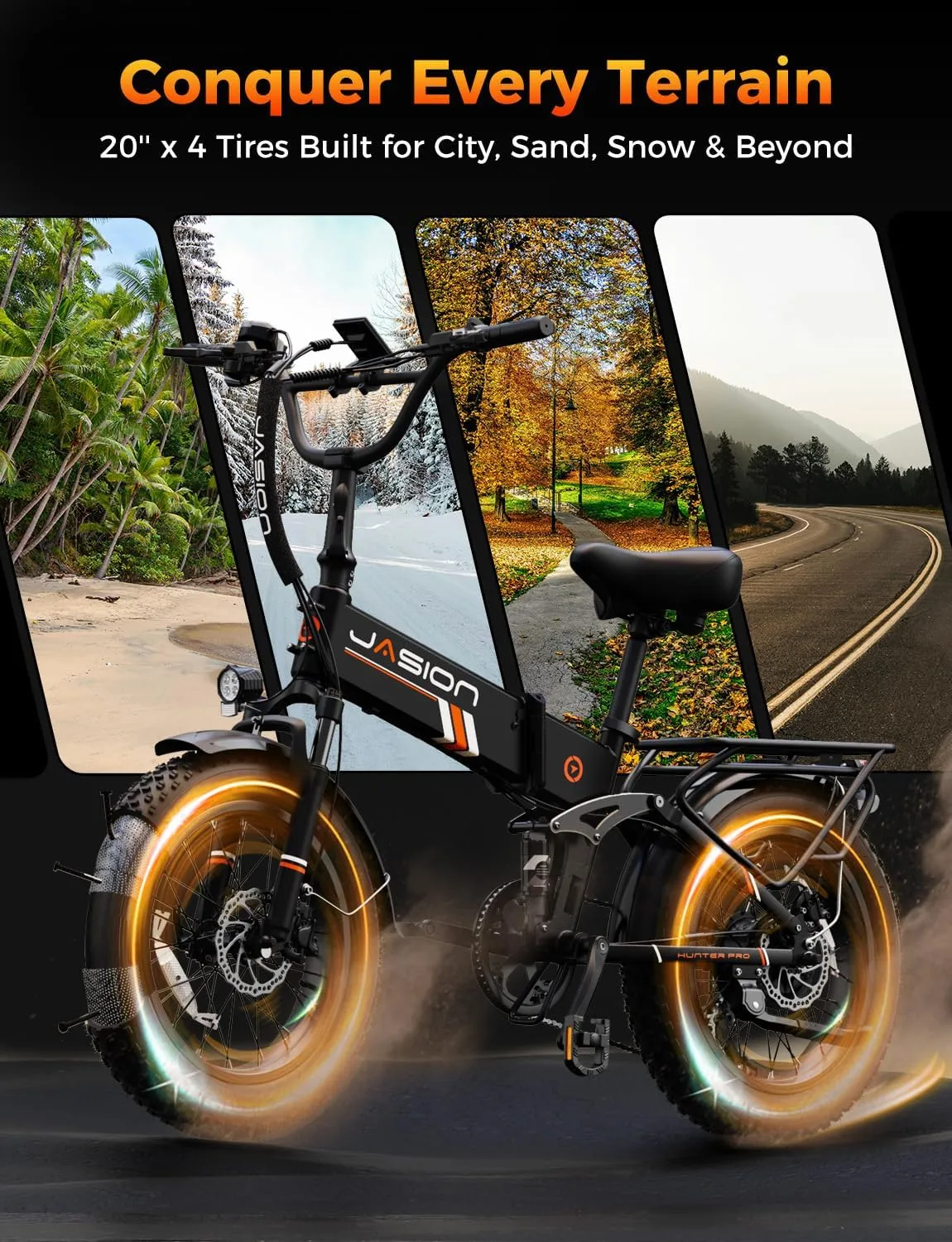 Jasion Hunter Pro Electric Bike for Adults,1800W Peak Motor 80 Miles,up to 28MPH,720WH Removable Battery Foldable Ebike,App Control & Full Suspension,20''*4.0 Fat Tire,Dual Hydraulic Brakes Bicycle