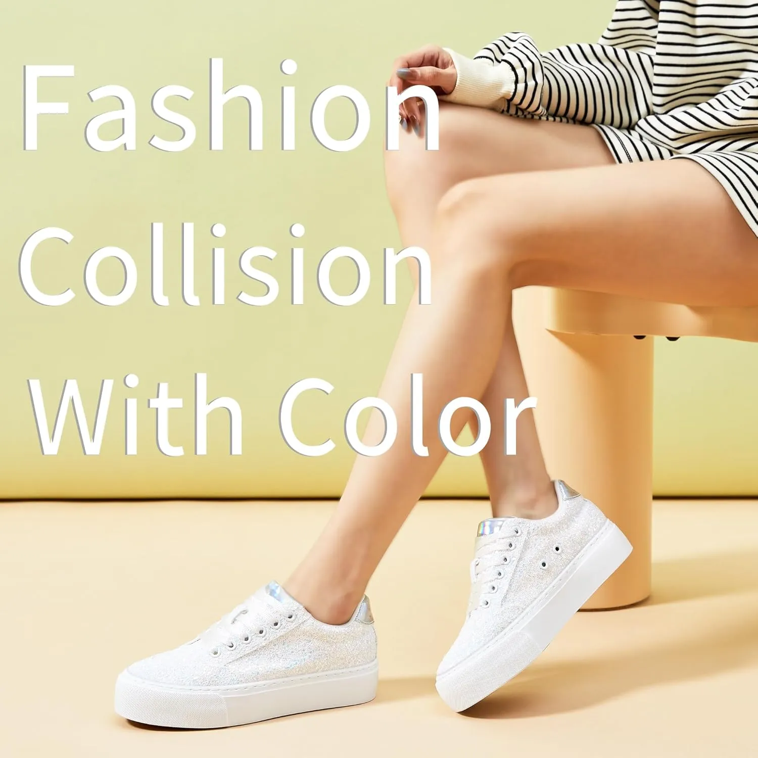 Jeekopeg Glitter Platform Sneakers Women Casual Sequin Sparkly Shoes Bling Thick Sole Walking Shoes Shiny Sequin Wedding Sneakers for Lady