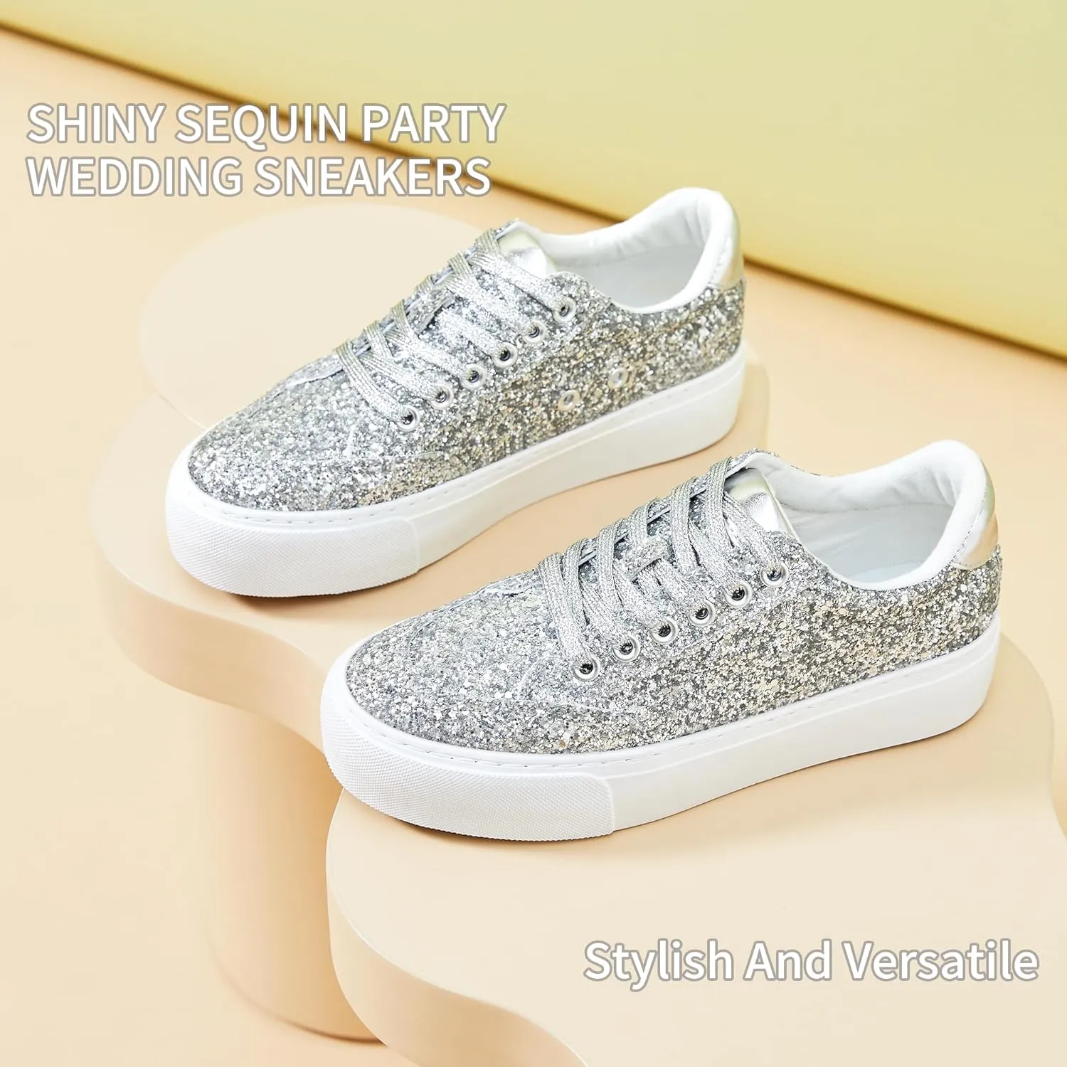 Jeekopeg Glitter Platform Sneakers Women Casual Sequin Sparkly Shoes Bling Thick Sole Walking Shoes Shiny Sequin Wedding Sneakers for Lady