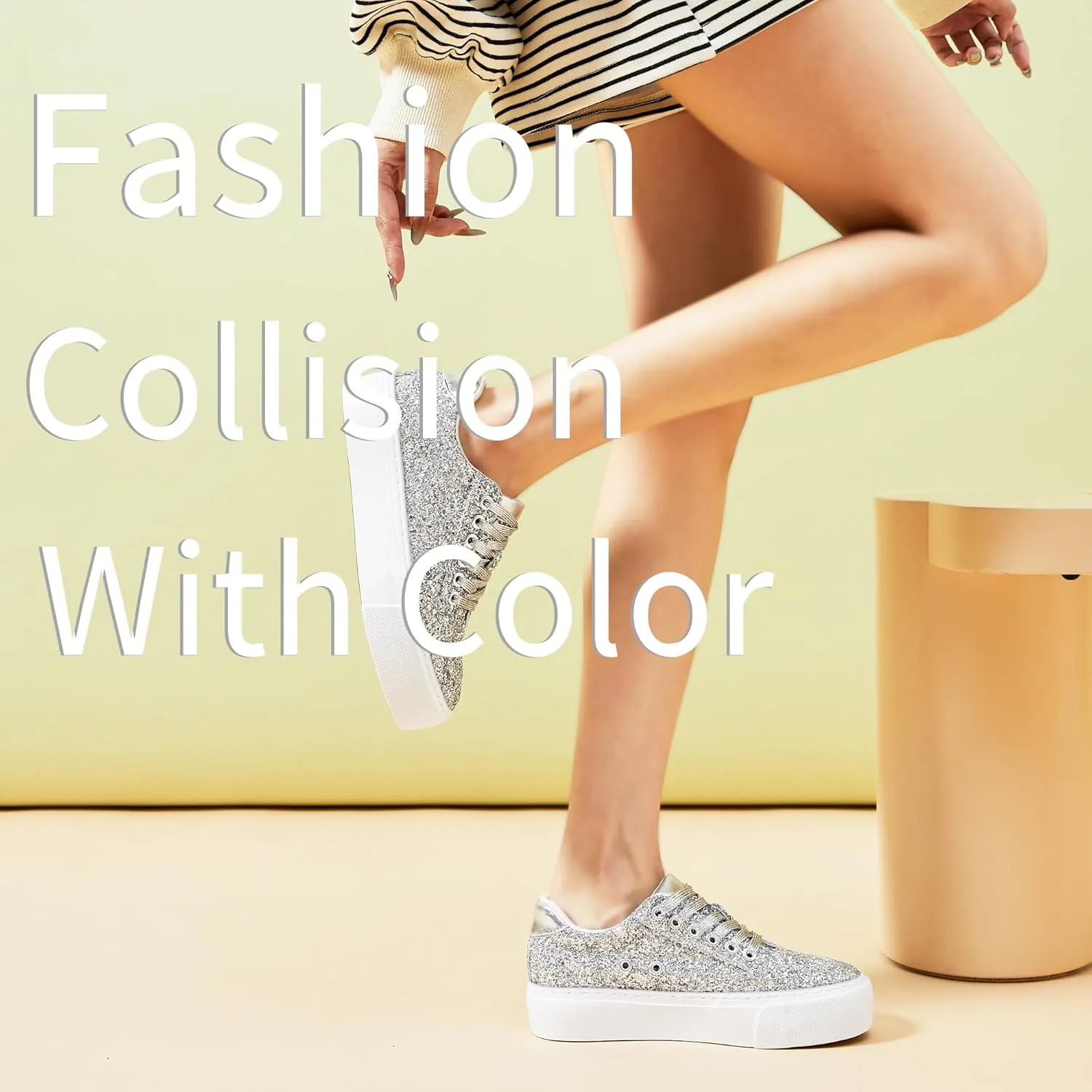 Jeekopeg Glitter Platform Sneakers Women Casual Sequin Sparkly Shoes Bling Thick Sole Walking Shoes Shiny Sequin Wedding Sneakers for Lady