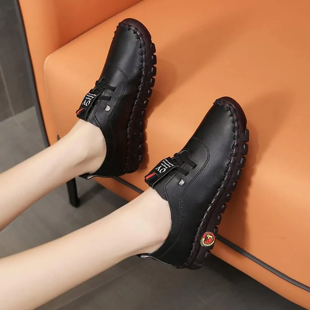 JishinGal Women's Slip on Loafers Round Toe Soft Leather Flat Shoes Comfortable Walking Shoes