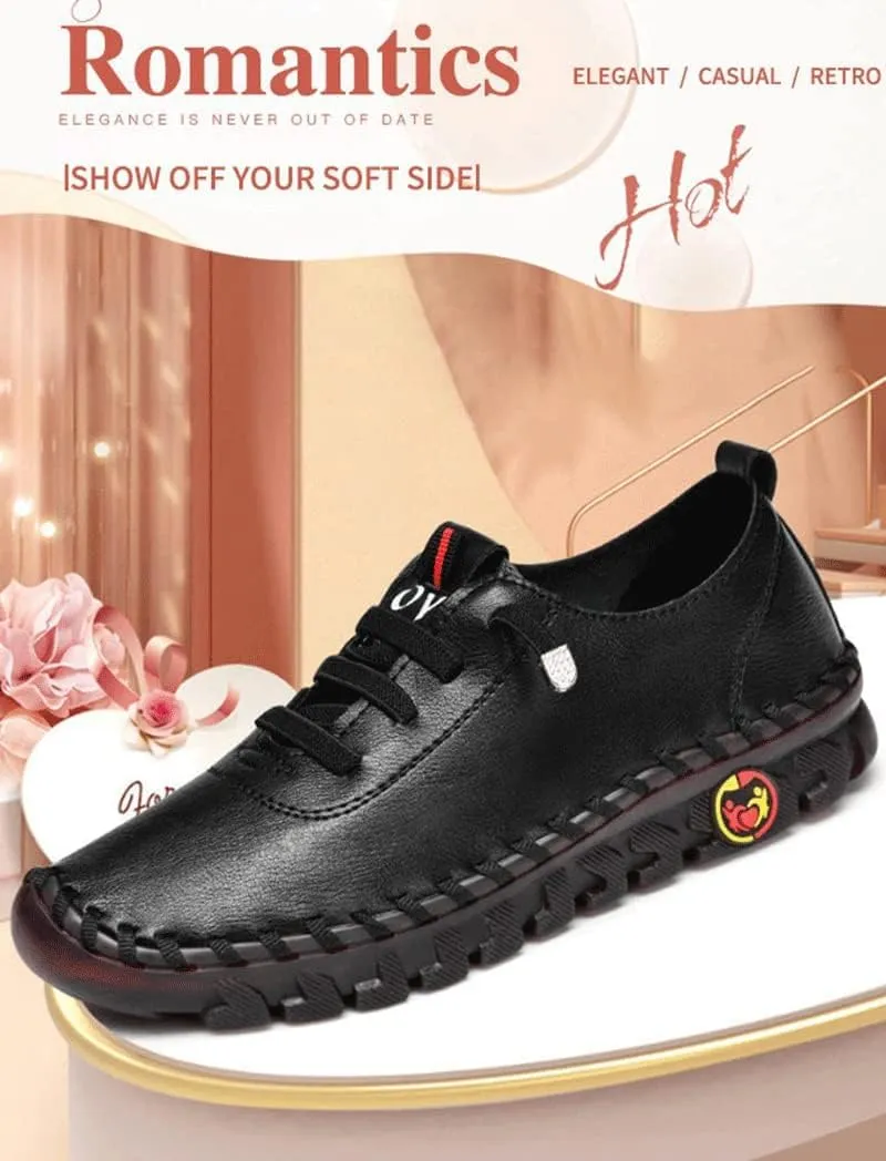JishinGal Women's Slip on Loafers Round Toe Soft Leather Flat Shoes Comfortable Walking Shoes