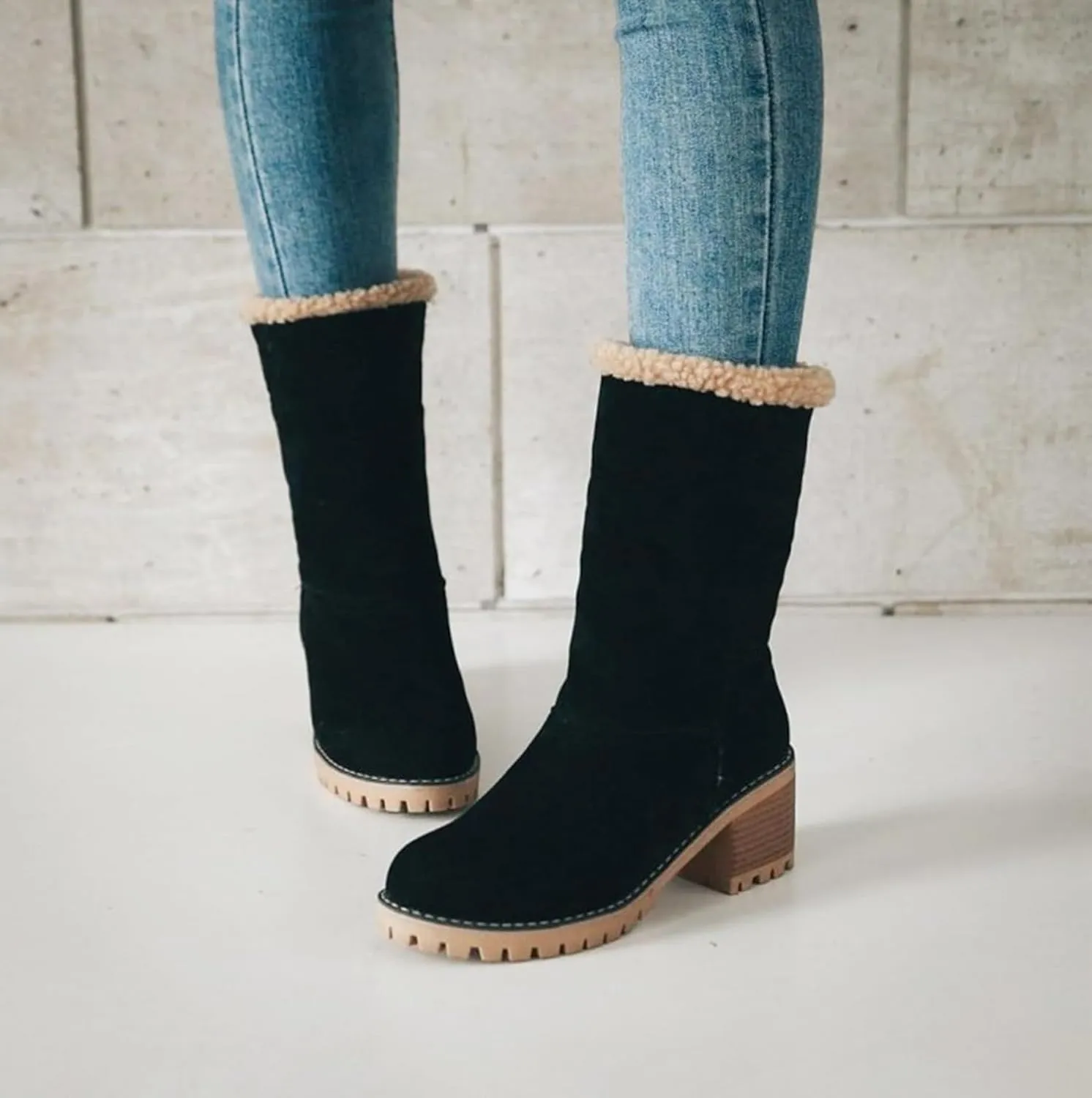 JITUUE Winter Snow Boots for Women Mid Heel Ankle Booties Faux Suede Fur Lined Slip-on Shoes
