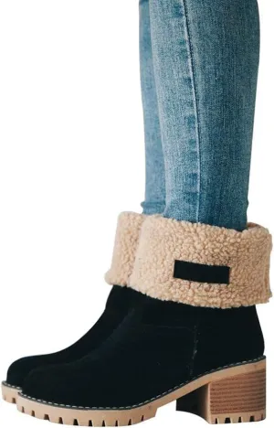 JITUUE Winter Snow Boots for Women Mid Heel Ankle Booties Faux Suede Fur Lined Slip-on Shoes