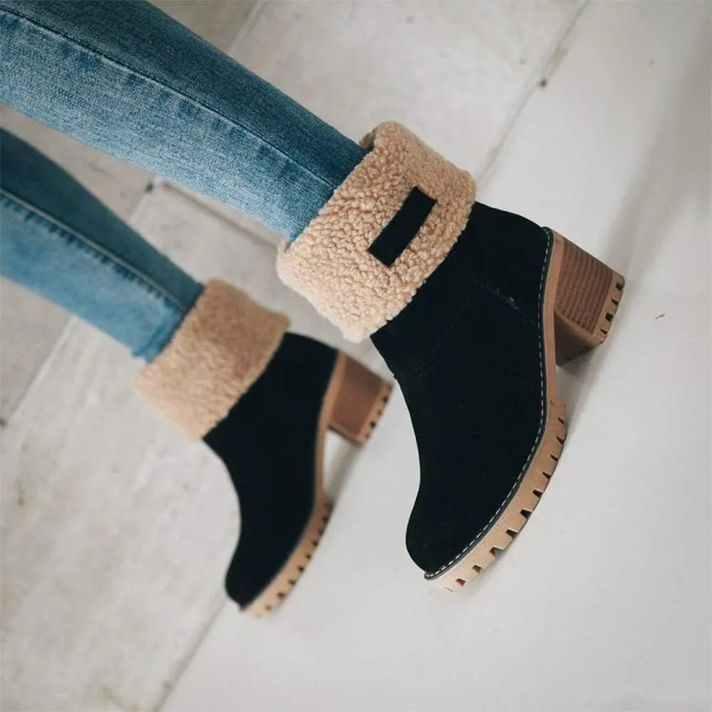 JITUUE Winter Snow Boots for Women Mid Heel Ankle Booties Faux Suede Fur Lined Slip-on Shoes