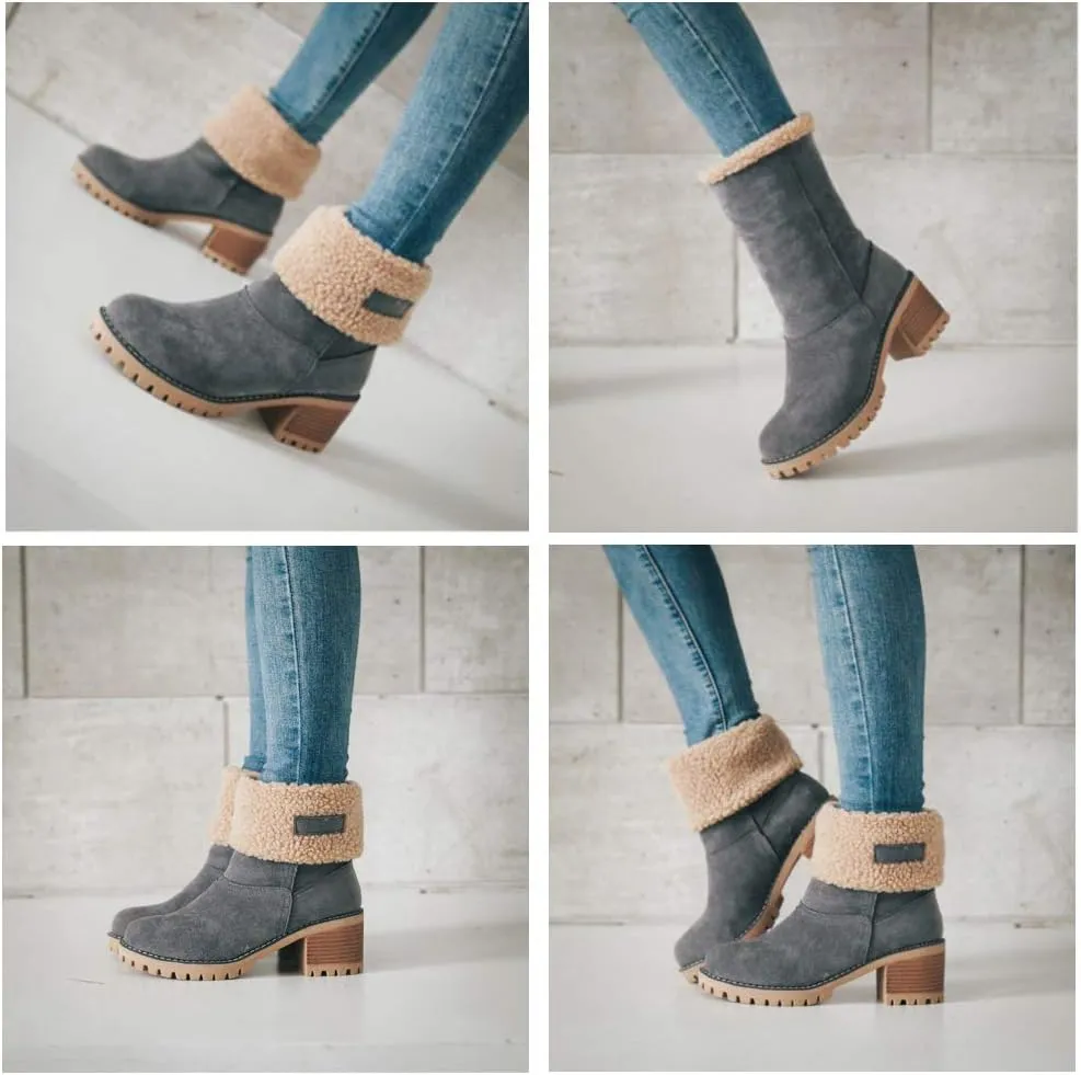 JITUUE Winter Snow Boots for Women Mid Heel Ankle Booties Faux Suede Fur Lined Slip-on Shoes