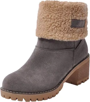 JITUUE Winter Snow Boots for Women Mid Heel Ankle Booties Faux Suede Fur Lined Slip-on Shoes