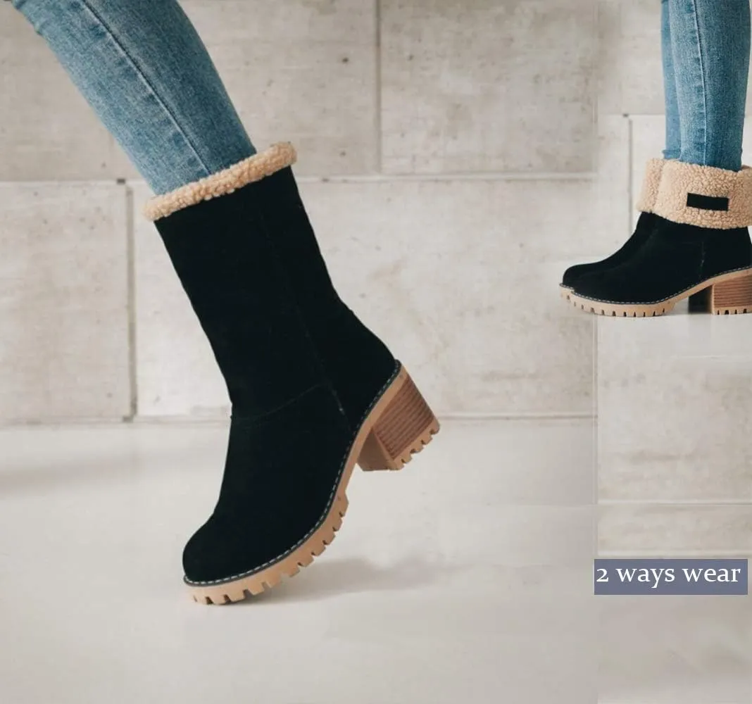 JITUUE Winter Snow Boots for Women Mid Heel Ankle Booties Faux Suede Fur Lined Slip-on Shoes