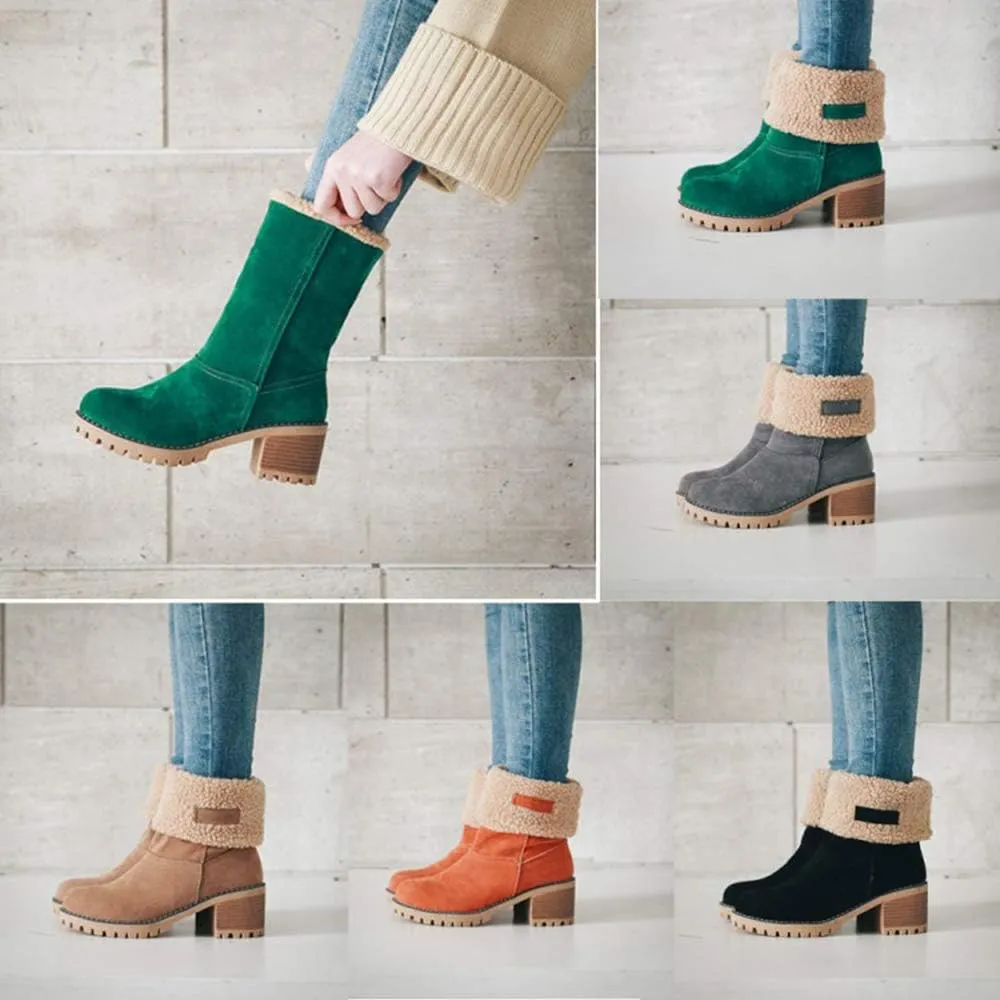 JITUUE Winter Snow Boots for Women Mid Heel Ankle Booties Faux Suede Fur Lined Slip-on Shoes