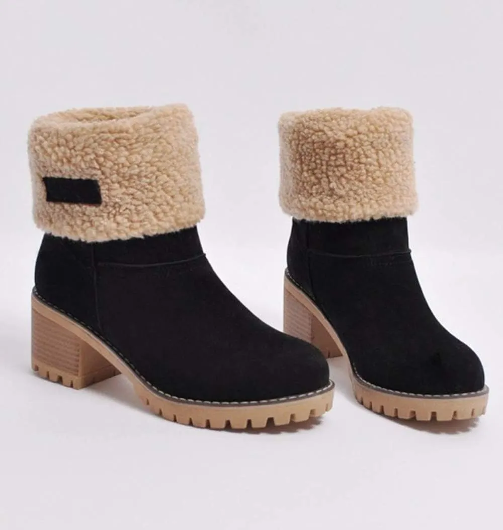 JITUUE Winter Snow Boots for Women Mid Heel Ankle Booties Faux Suede Fur Lined Slip-on Shoes