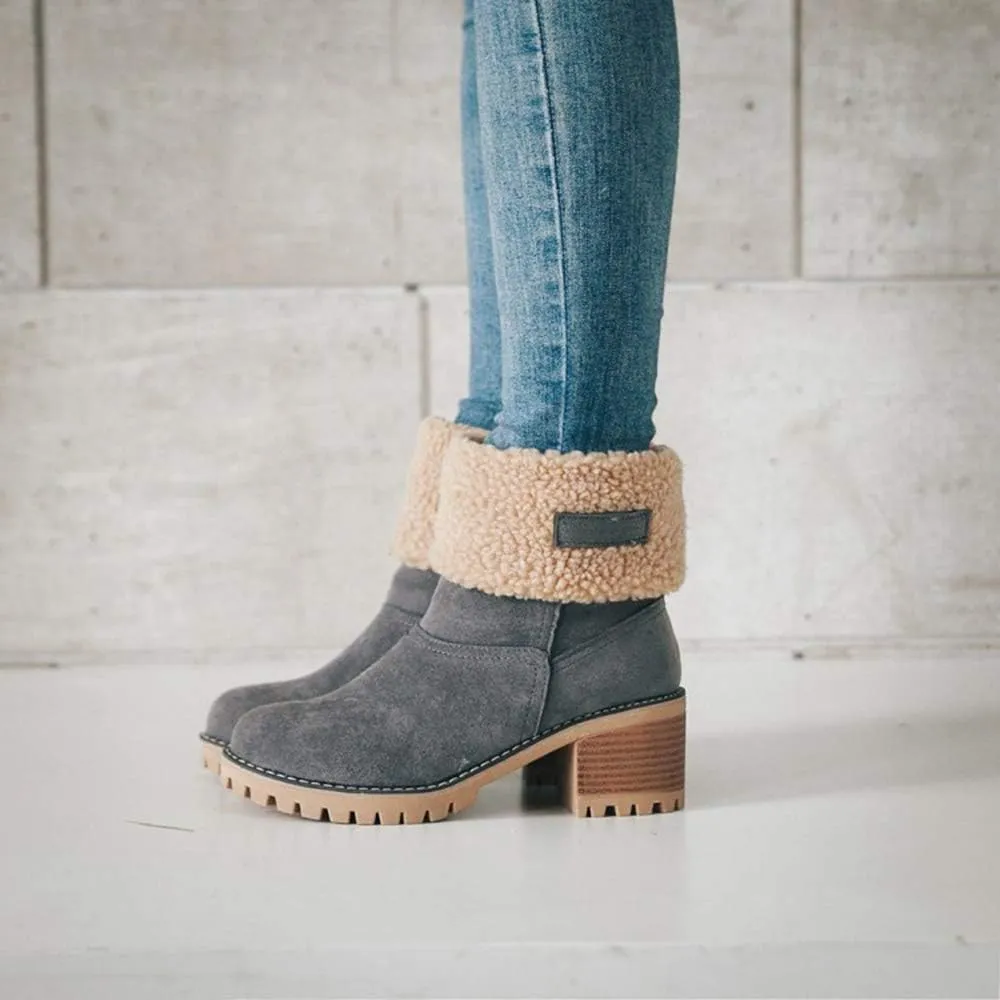 JITUUE Winter Snow Boots for Women Mid Heel Ankle Booties Faux Suede Fur Lined Slip-on Shoes