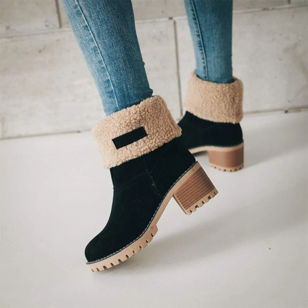 JITUUE Winter Snow Boots for Women Mid Heel Ankle Booties Faux Suede Fur Lined Slip-on Shoes