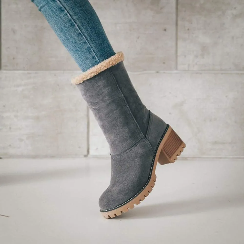 JITUUE Winter Snow Boots for Women Mid Heel Ankle Booties Faux Suede Fur Lined Slip-on Shoes