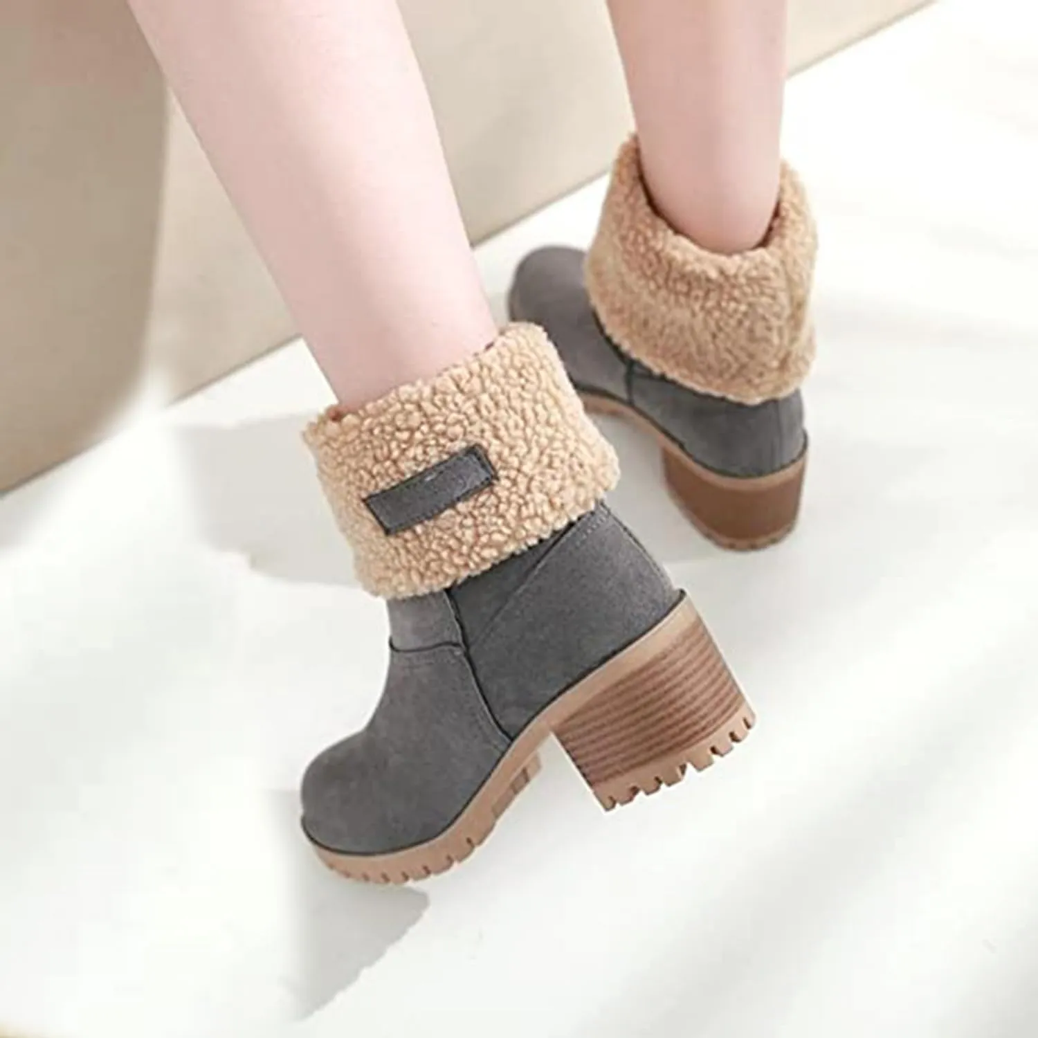 JITUUE Winter Snow Boots for Women Mid Heel Ankle Booties Faux Suede Fur Lined Slip-on Shoes