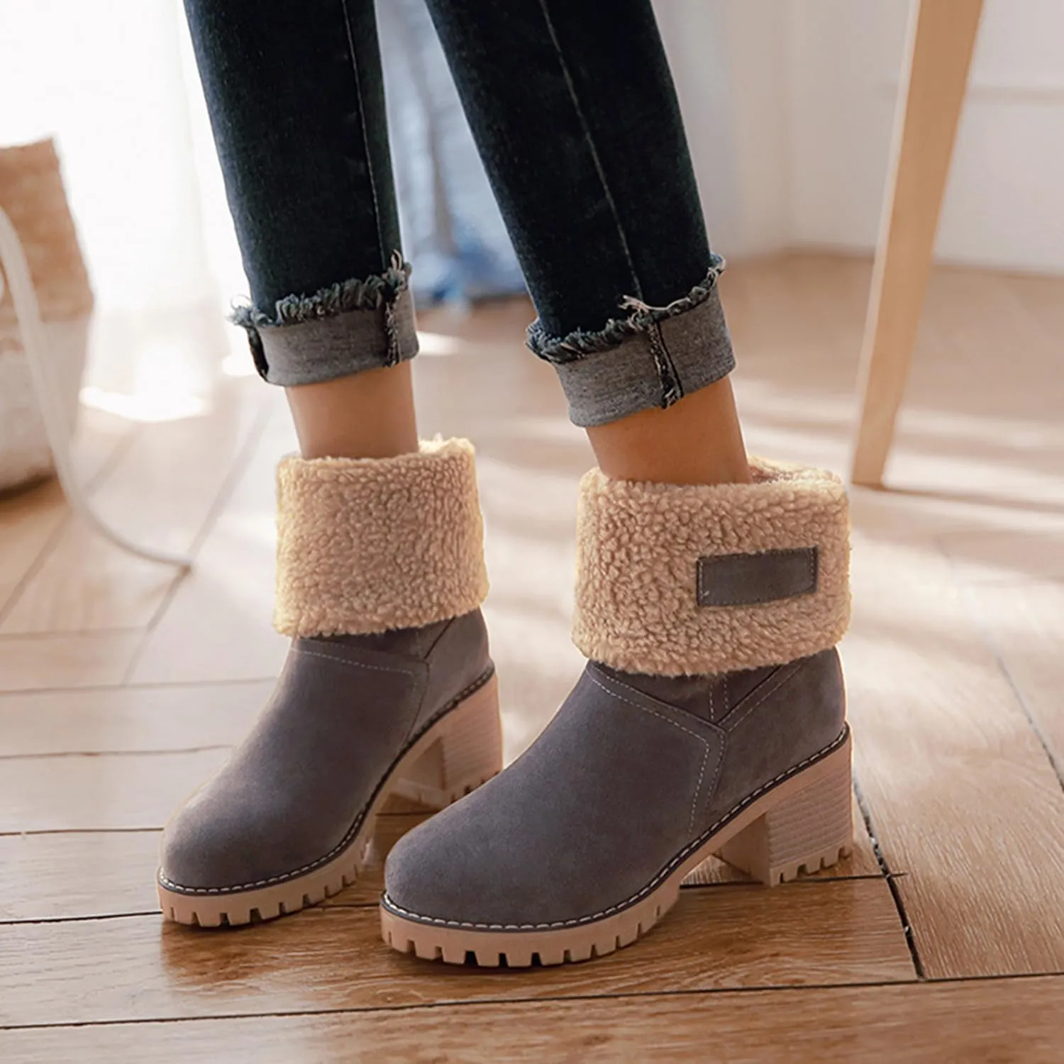 JITUUE Winter Snow Boots for Women Mid Heel Ankle Booties Faux Suede Fur Lined Slip-on Shoes