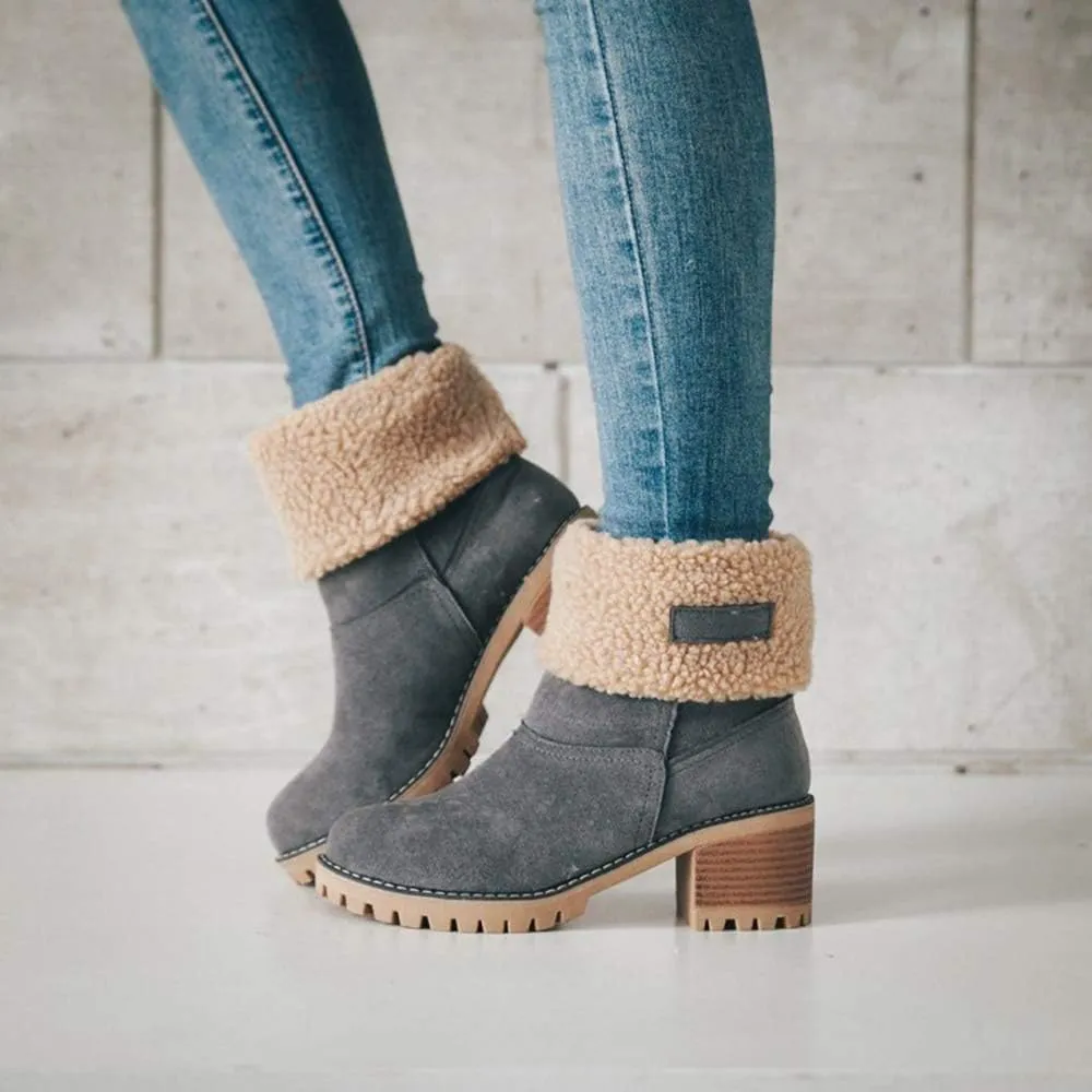JITUUE Winter Snow Boots for Women Mid Heel Ankle Booties Faux Suede Fur Lined Slip-on Shoes