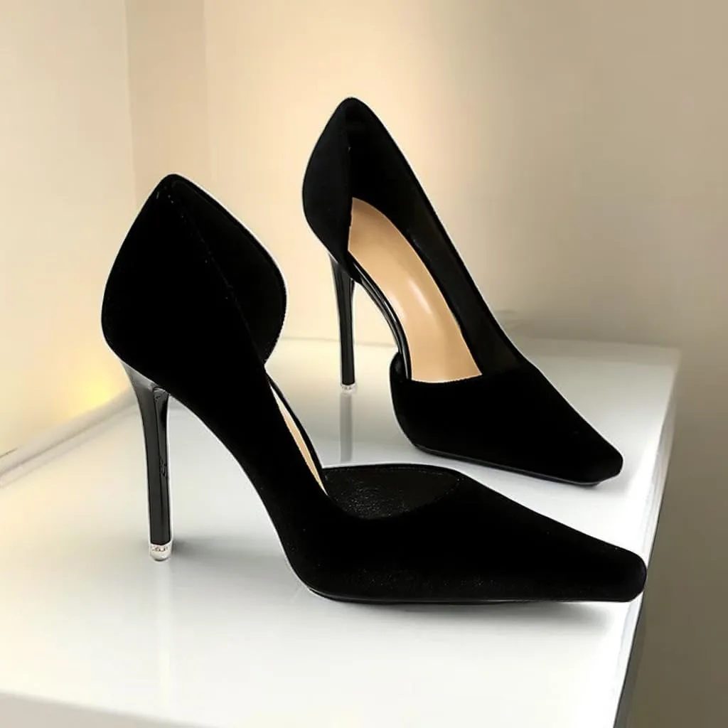 JOEupin Women Formal Stiletto High Heels Pumps Pointed Toe Velvet Slide Office Wedding Lady Party Dress Shoes 4Inch